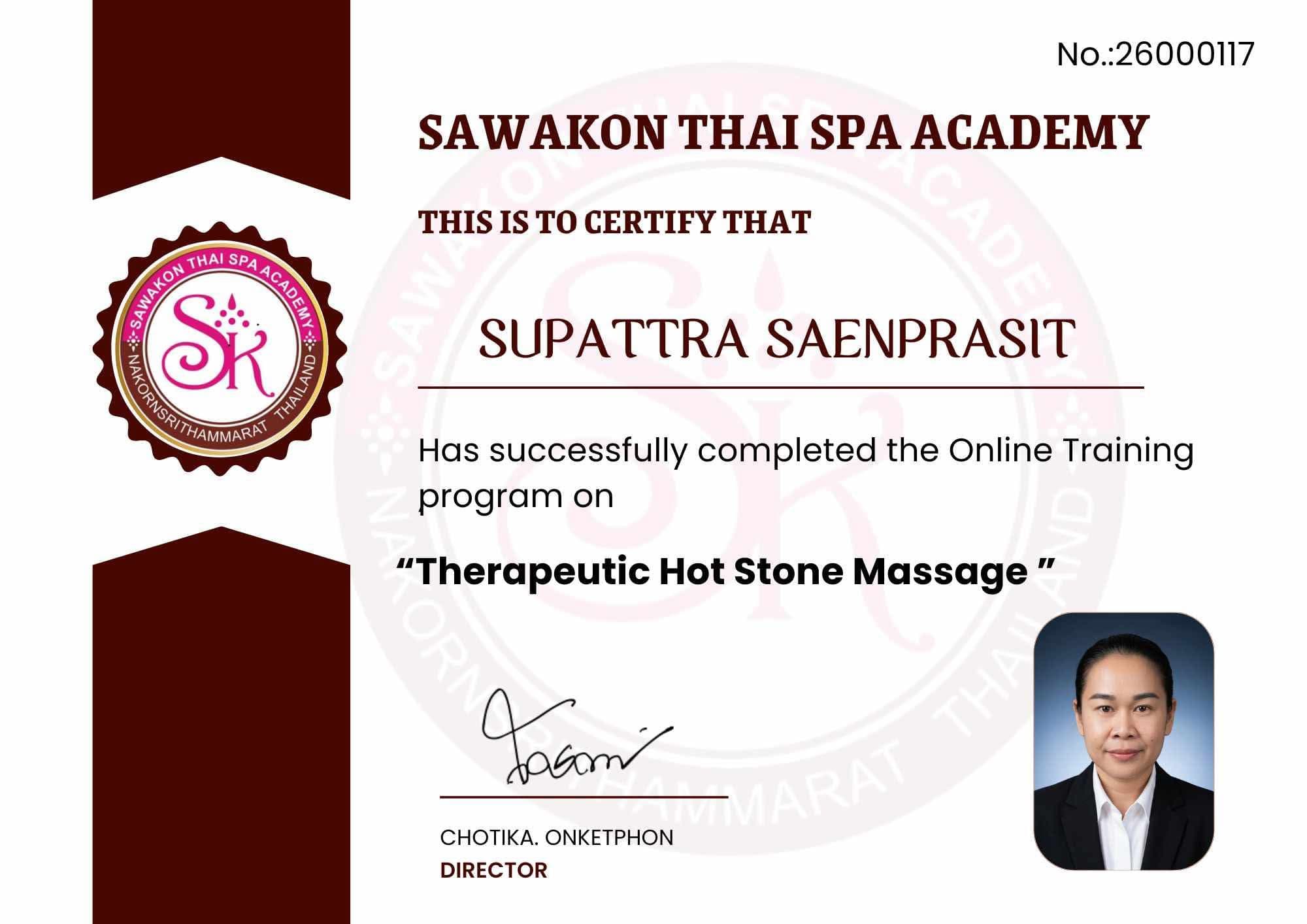 Diploma van May van Sawakon Thai Spa Academy